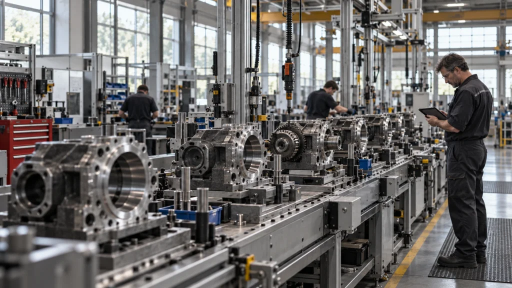 Technician checking a tablet beside a production line of identical heavy-equipment components