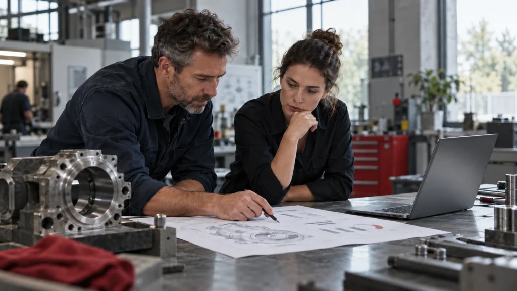 Two colleagues reviewing a pricing and unit-economics sketch at an industrial workbench